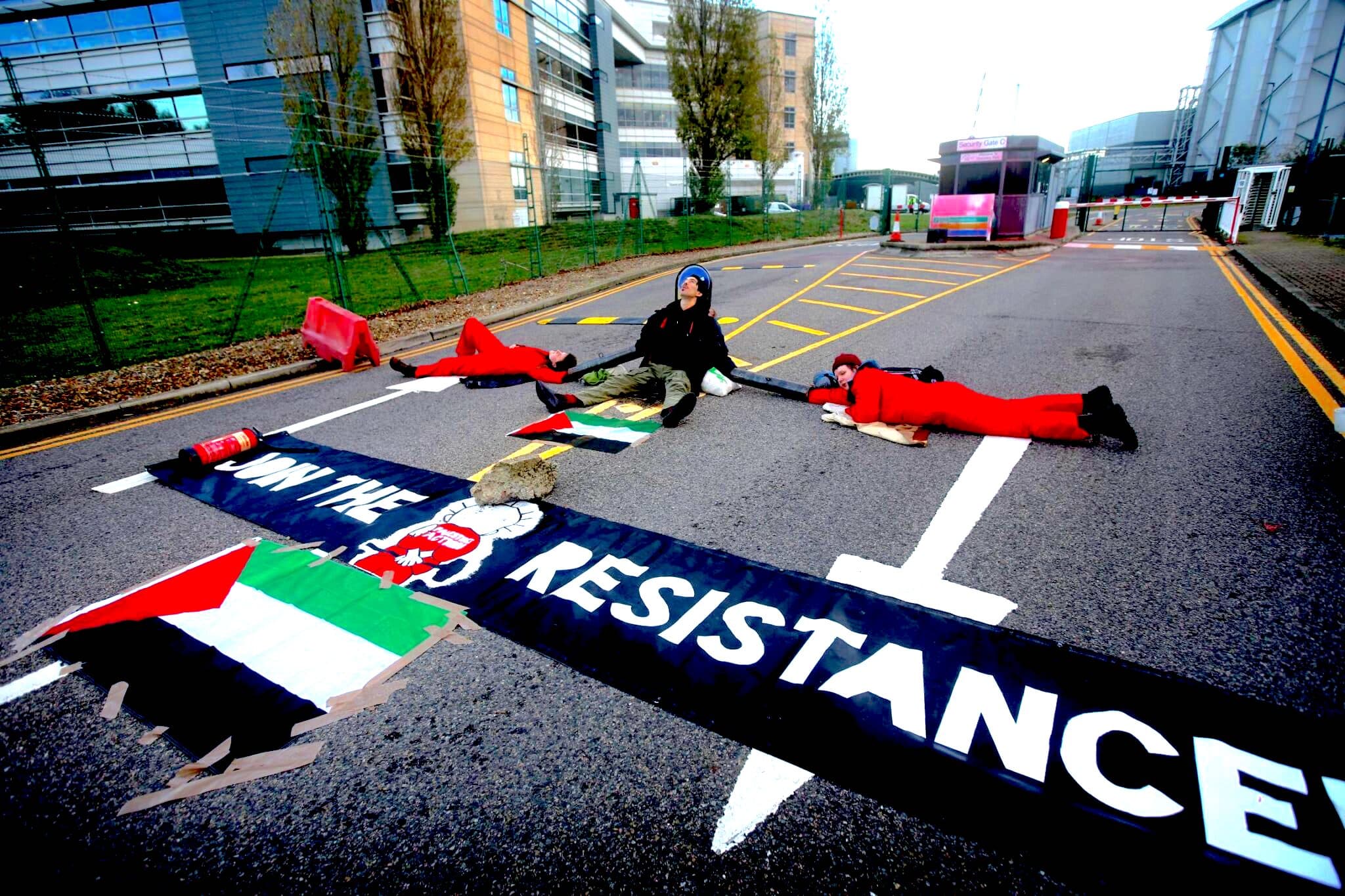 Palestine Action activists blockading Elbit Systems Instro Precision factory in Sandwich, Kent, on Nov. 6, 2023. (Palestine Action)