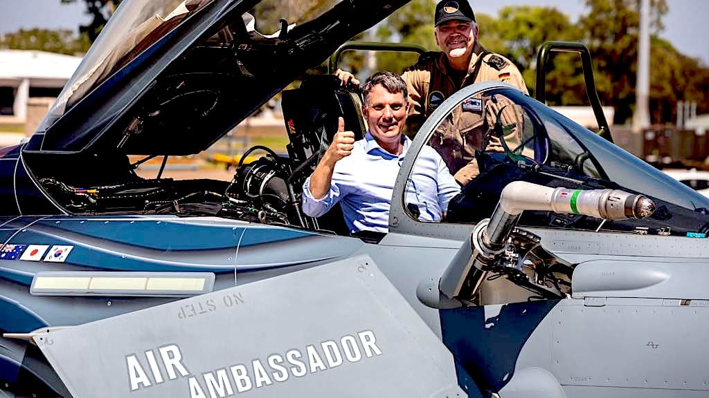 Defence Minister Richard Marles enjoys the trappings of his role. Here he “thumbs-up” from the cockpit of a German Air Force Eurofighter Typhoon at the RAAF Base Darwin in 2022. (Defence Department)