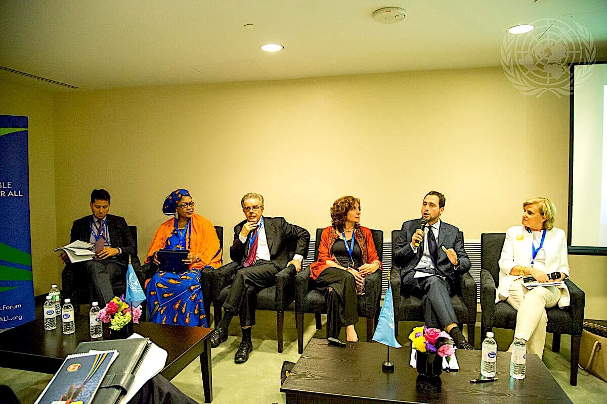 Yahav Lichner, second from right, while external relations specialist for the United Nations Population Fund, addressing a sustainable energy forum on June 4, 2014. (UN Photo/Rick Bajornas)