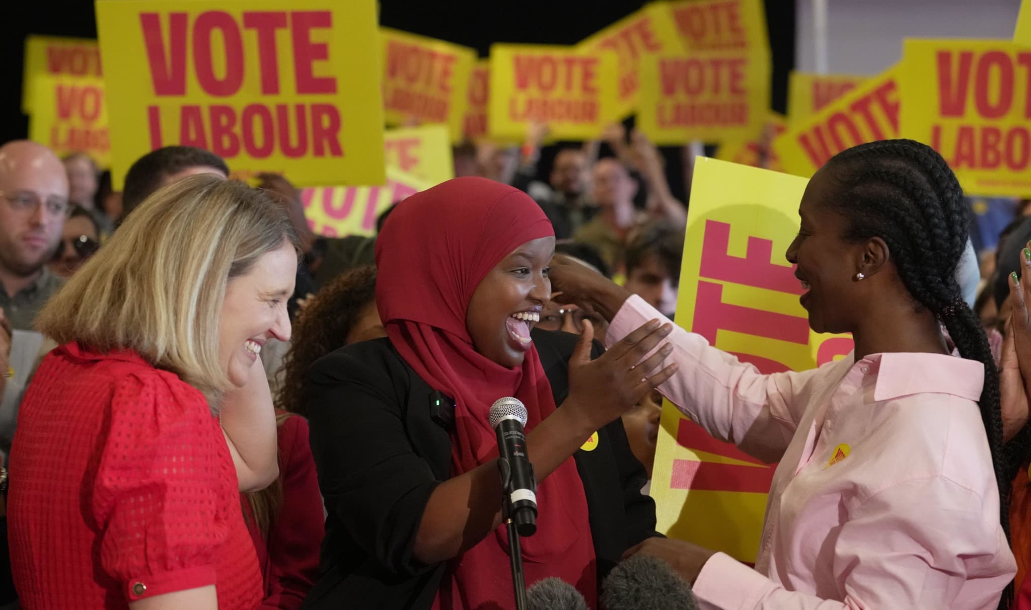 Sagal Abdi-Wali, Labour candidate for the Holborn and St Pancras by-election, with Georgia Gould (left), MP for Queen’s Park and Maida Vale, and Florence Eshalomi (right), MP for Vauxhall and Camberwell Green, at the launch of her local election campaign