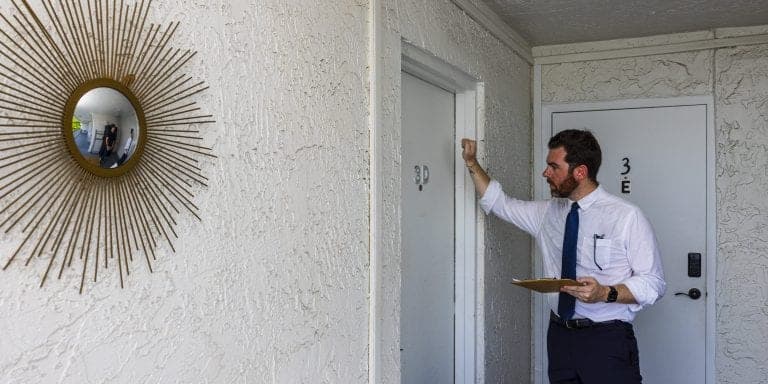 Oliver Larkin, a Democratic Socialist running for Congress, canvasses in Miami, Fla. on June 5, 2026.