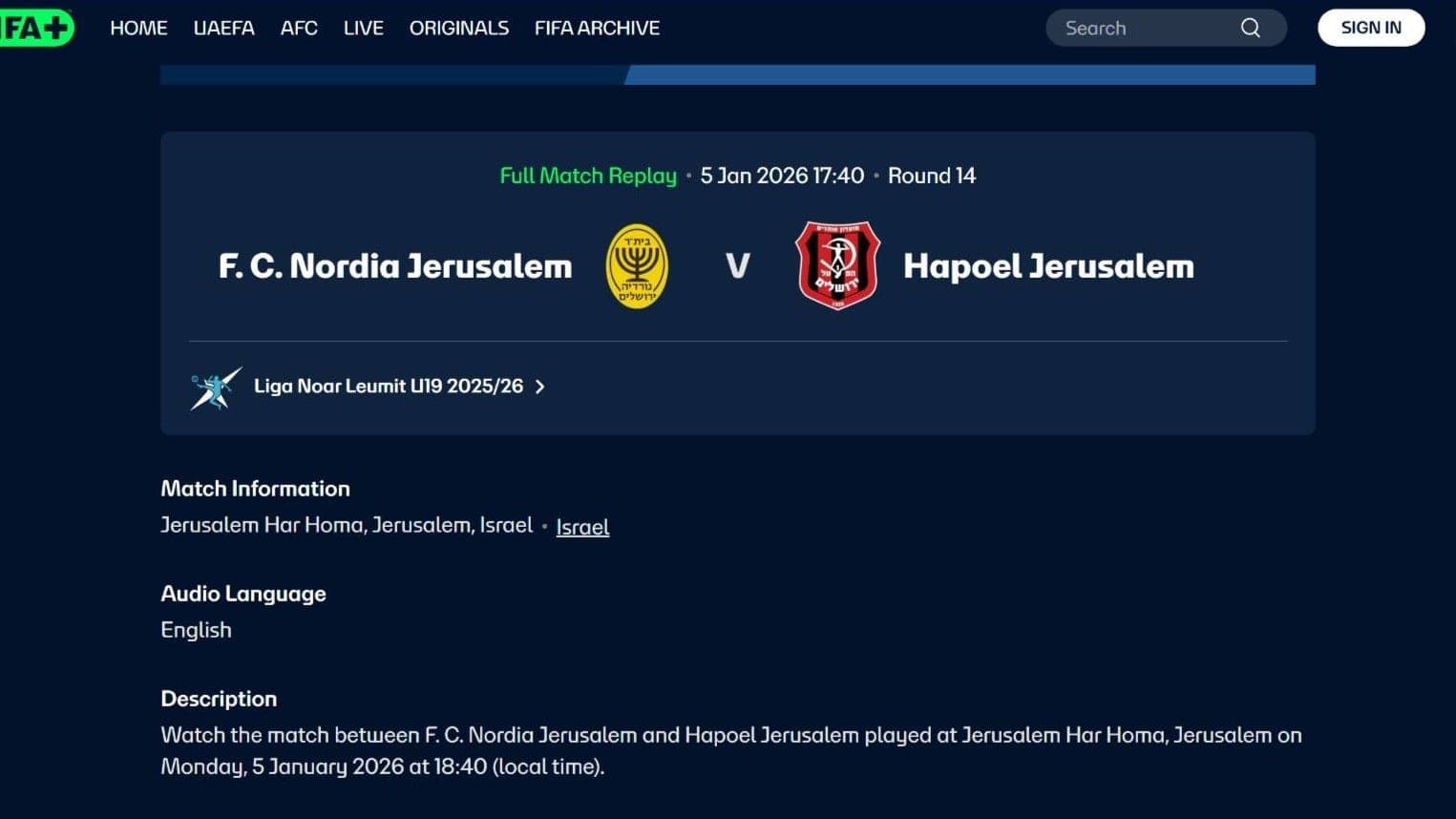 This screengrab shows the Fifa+ website carrying matches played at the Har Homa stadium in occupied East Jerusalem in early January 2026 (Fifa+)
