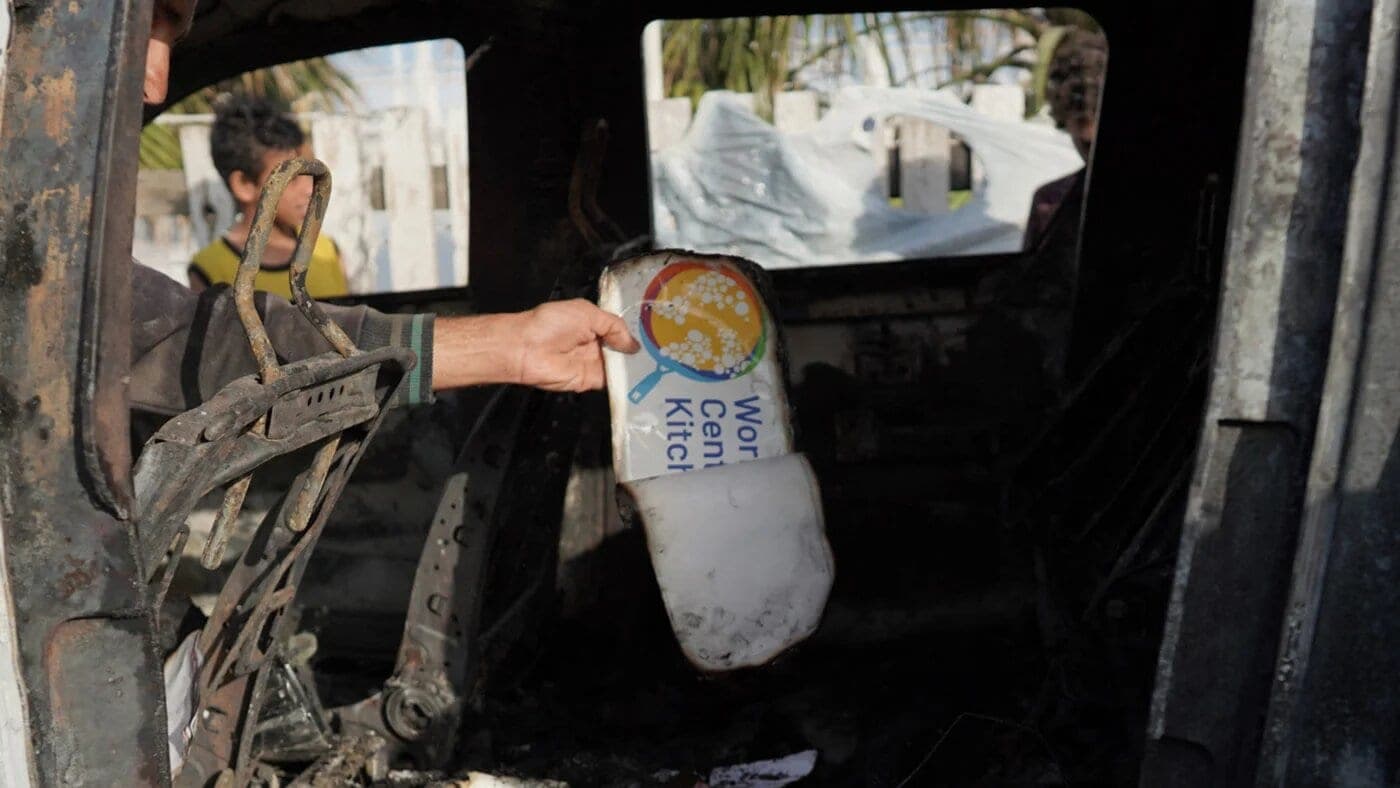 The aftermath of an Israeli strike on a World Central Kitchen aid convoy in Deir al-Balah in the central Gaza Strip on 2 April 2024 (AFP)