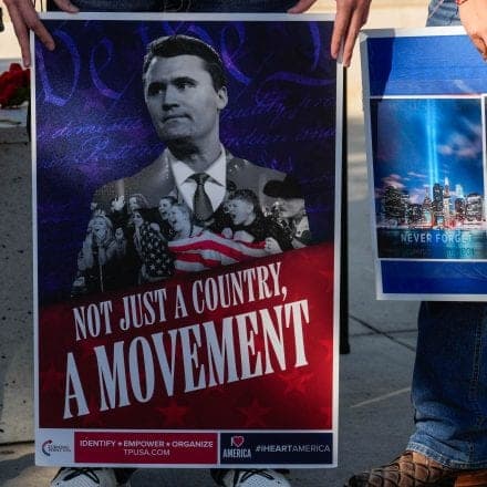 HOUSTON, TEXAS - SEPTEMBER 11: The University of Houston's Turning Point USA chapter hosts a vigil in memory of Charlie Kirk, in front of the university's Student Center and 9/11 memorial, on Thursday, Sept. 11, 2025 in Houston.