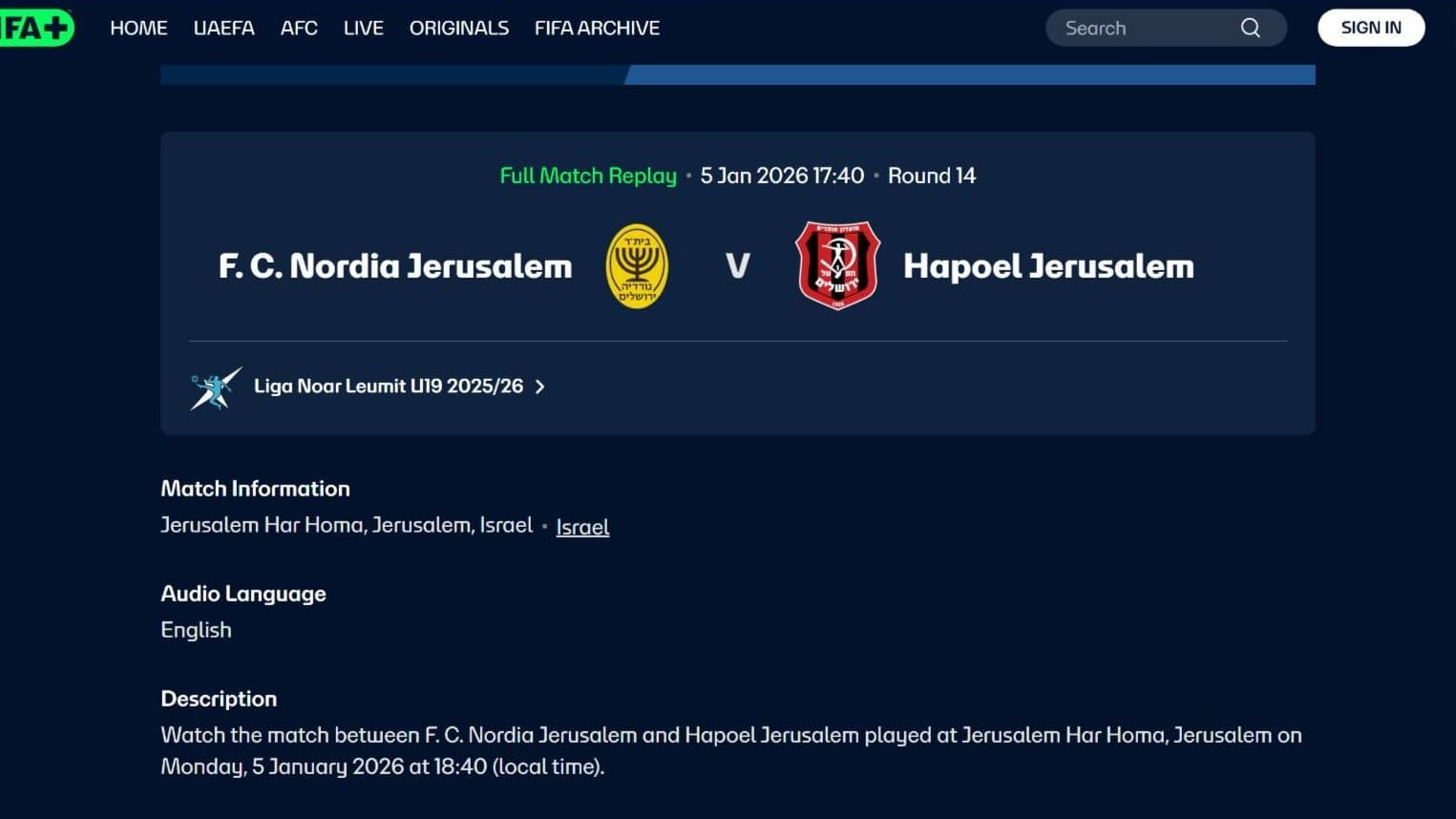 This screengrab shows the Fifa+ website carrying matches played at the Har Homa stadium in occupied East Jerusalem in early January 2026 (Fifa+)